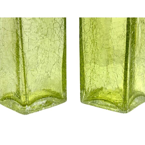 Art Glass MCM Pale Yellow Green Crackle Glass Rectangular 10" Vintage Vases-Pair - Picture 2 of 9